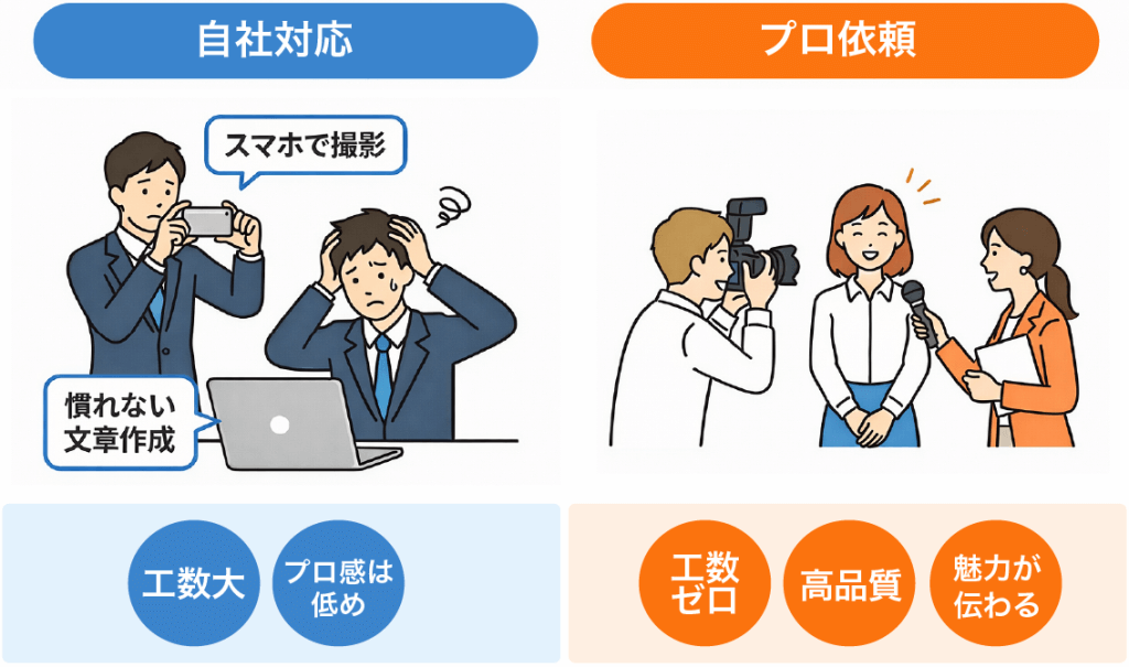 採用サイトの素材準備における負担と品質の対比図。左側は自社対応で、担当者が不慣れな撮影や執筆に悩み、工数が大きくプロ感が低い様子。右側はプロ依頼で、カメラマンやライターが担当し、工数ゼロで高品質な魅力が伝わる様子。