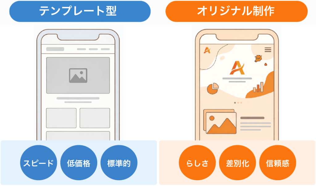採用サイト制作のデザイン比較図。左側は決められた枠に写真をはめ込む『テンプレート型』でスピード・低価格・標準的。右側は企業の独自性を活かした『オリジナル制作』でらしさ・差別化・信頼感を表現している。